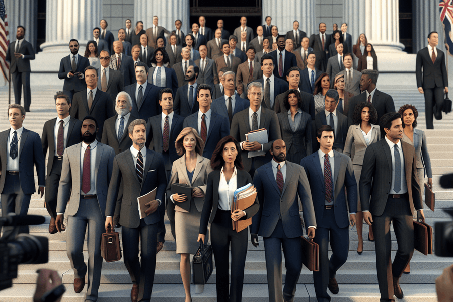 Anthropic executives and lawyers exiting a federal courthouse as reporters gather on the steps.