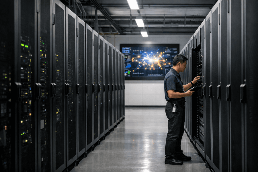 Rows of black server racks fill a modern data center as a large digital display shows AI processing activity.
