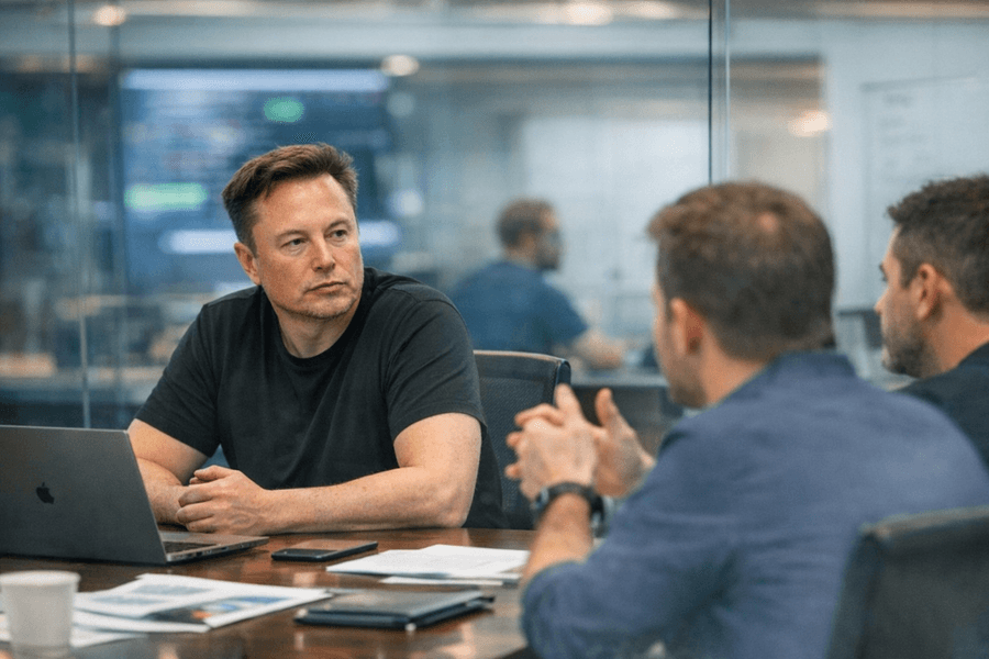 Elon Musk in a glass-walled conference room during a strategy meeting, listening as colleagues discuss xAI’s product reset.