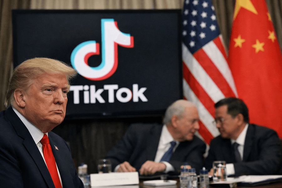 Donald Trump in the foreground before a TikTok display, with U.S. and Chinese flags and officials in the background during a staged negotiation scene.