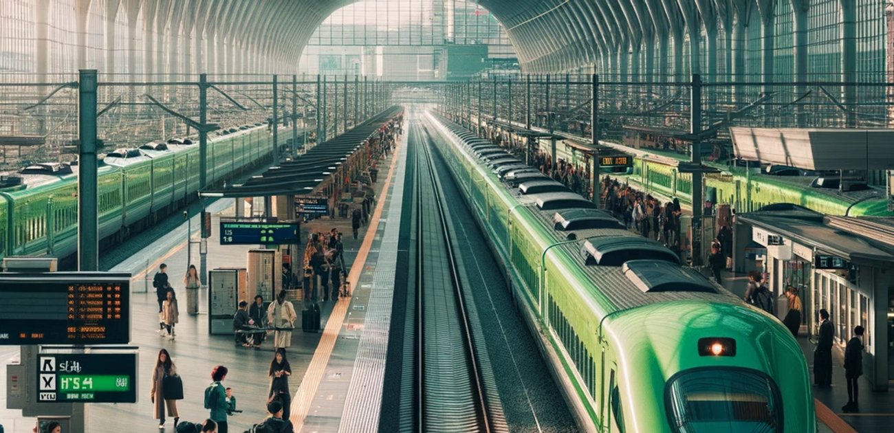 Photo of a train platform with a green FlixTrain parked, passengers boarding, and the station buzzing with activity.