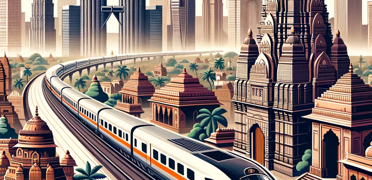 Illustration eines modernen Zuges mit dem Deutsche Bahn-Emblem, der durch eine indische Stadtlandschaft fährt, im Hintergrund sind traditionelle indische Elemente wie ein Tempel zu sehen.