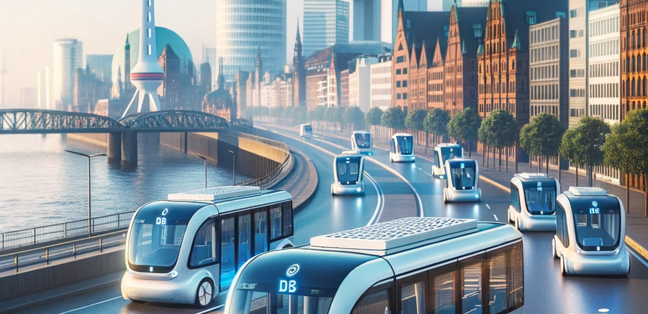 Ein modernes Stadtbild von Hamburg mit autonomen Shuttle-Bussen, die auf den Straßen fahren und die Zukunft des städtischen Verkehrs zeigen.